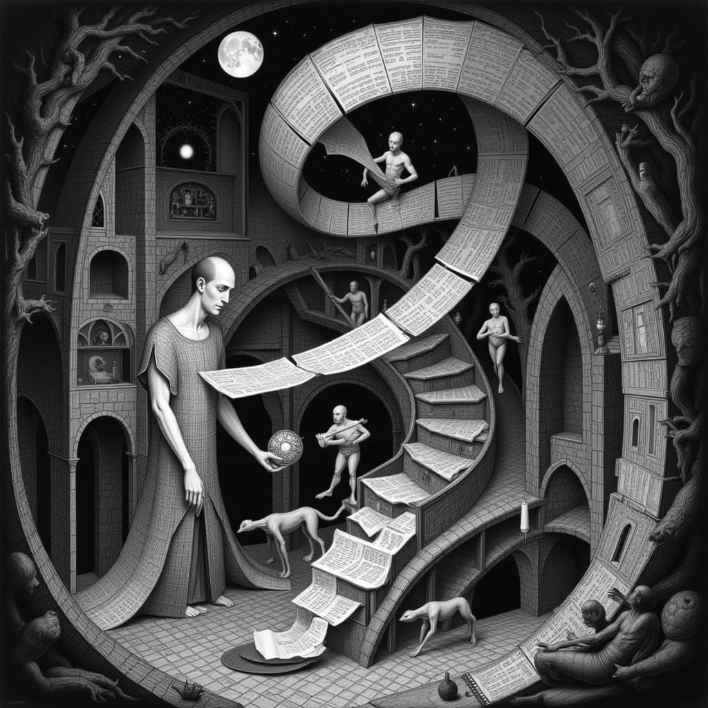 Monk in Impossible Monastery Vault with Unraveling Scrolls