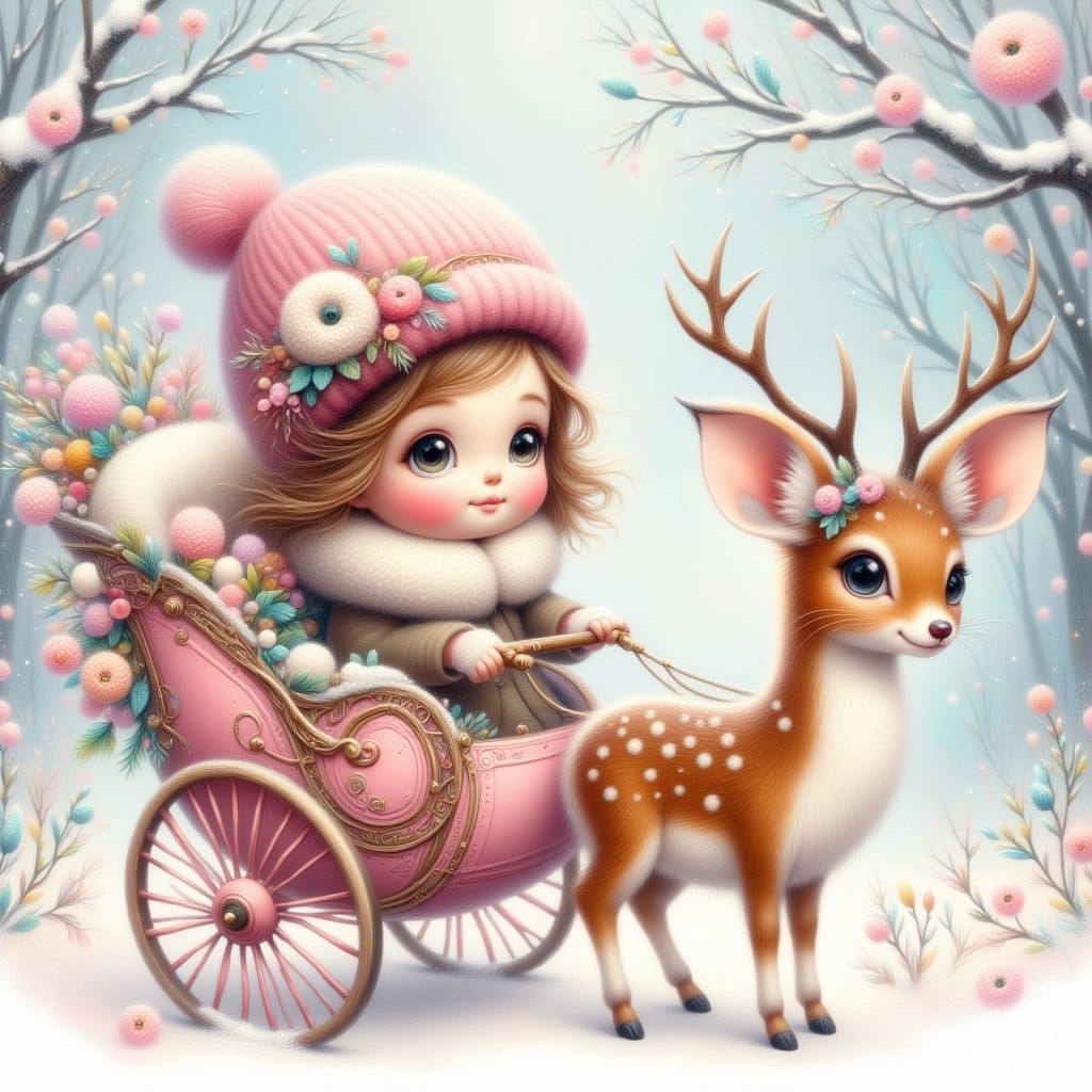 Whimsical Mouse Girl in Pink Carriage in Snowy Landscape