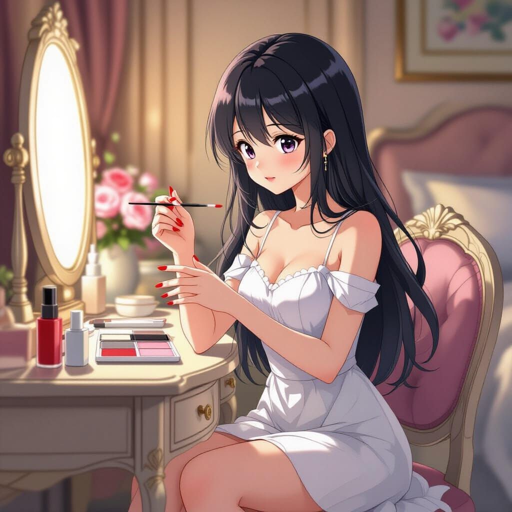 Anime Girl Paints Nails Red in Elegant Bedroom