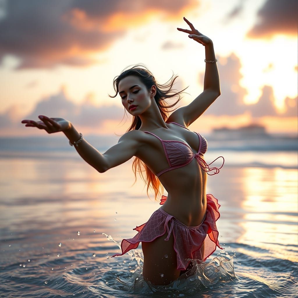 Ballet Dancer in Bikini on Beach, Detailed Matte Painting