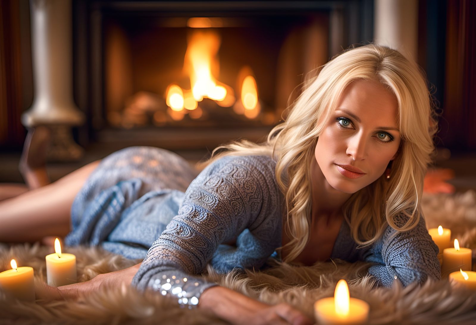 Beautiful Woman Relaxing by Fireplace in Mansion