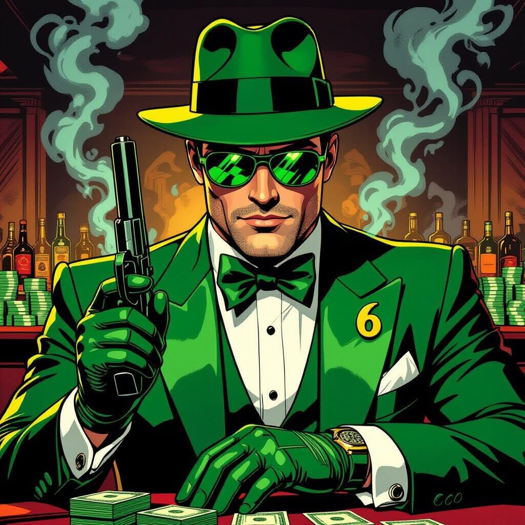 Green Tuxedo Man in Noir Bar, Comic Book Art Style