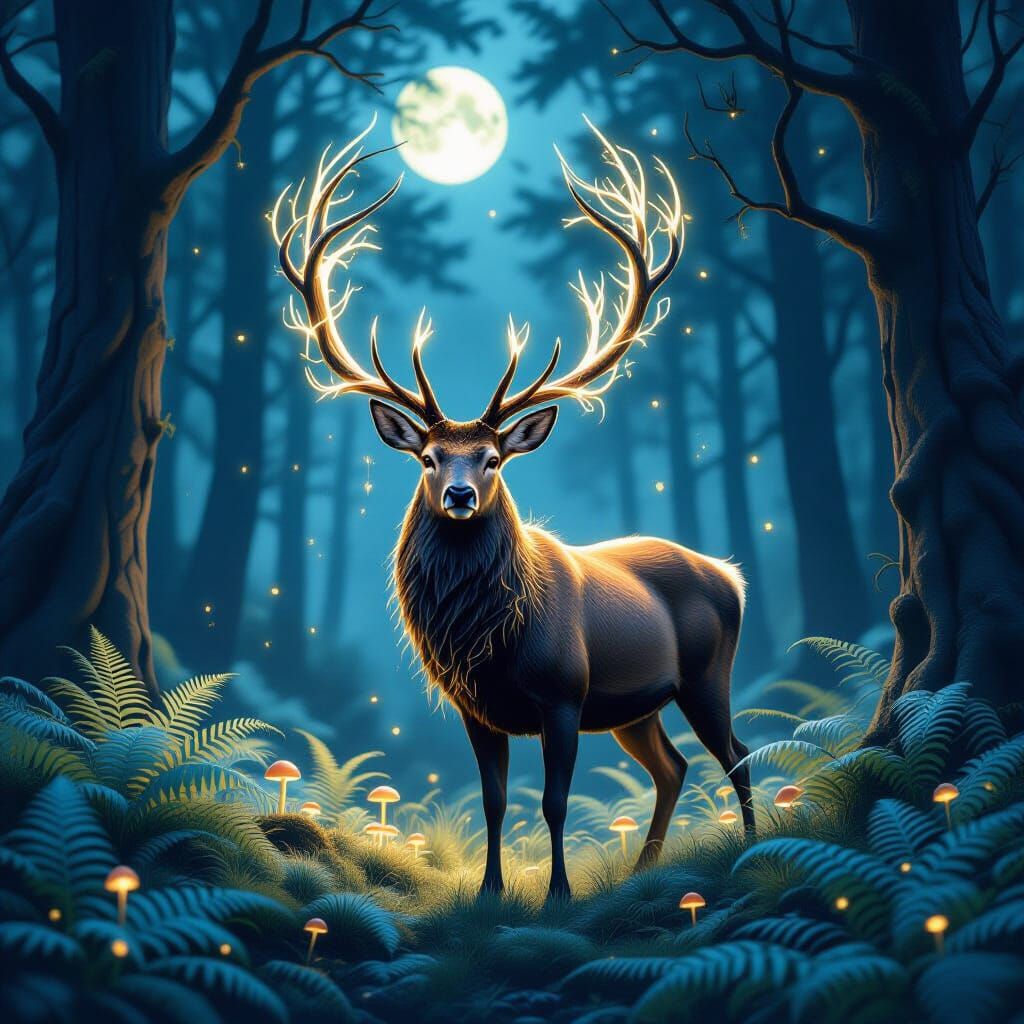 Majestic Stag with Glowing Antlers in Moonlit Forest