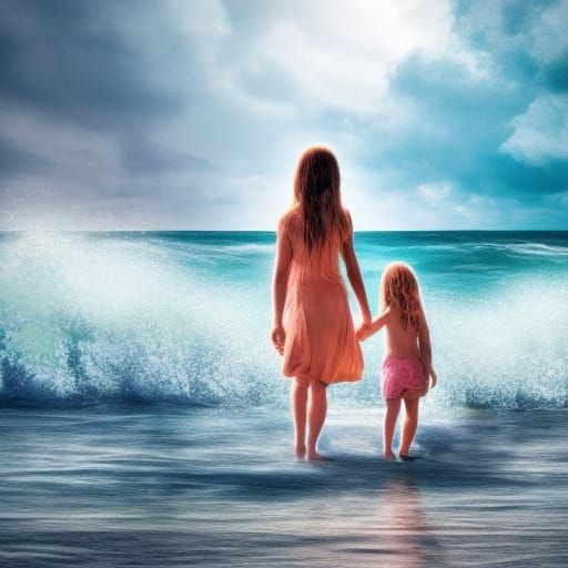 Hyperrealistic Sunset Beach Walk with Family