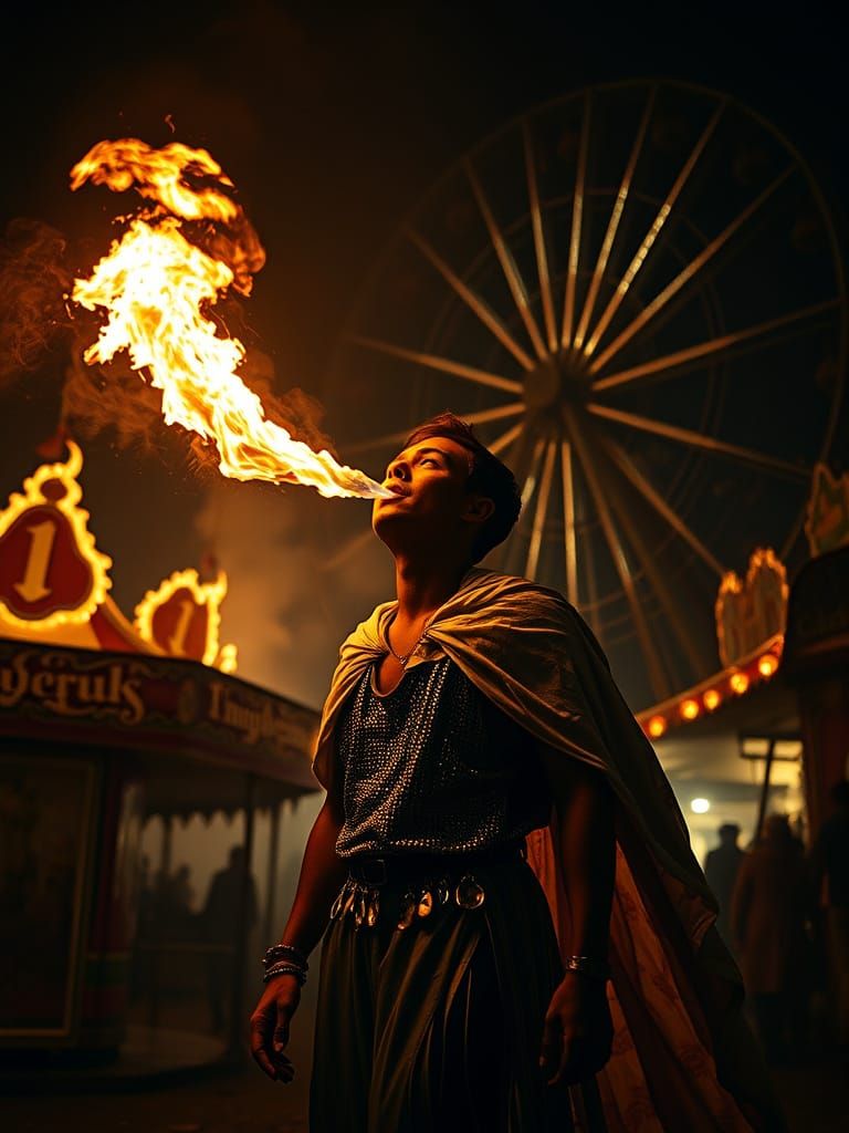 Mysterious Fire-Eater Under Twisted Carnival Lights