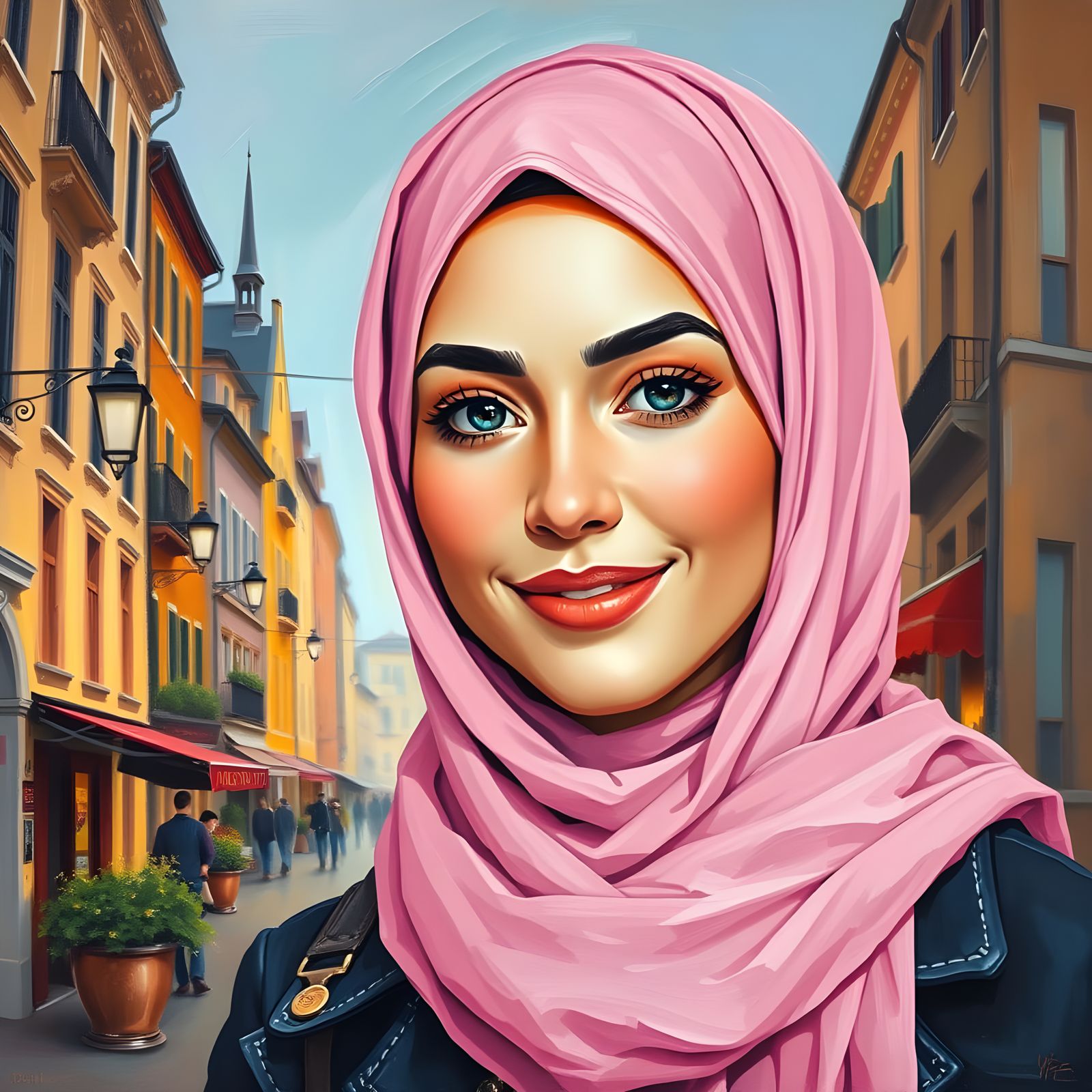 Elegant Young Hijabi Woman in Oil-Guache Style