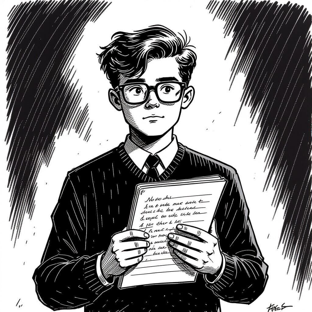 1963 Nerdy Boy with Poems in Crosshatch Style