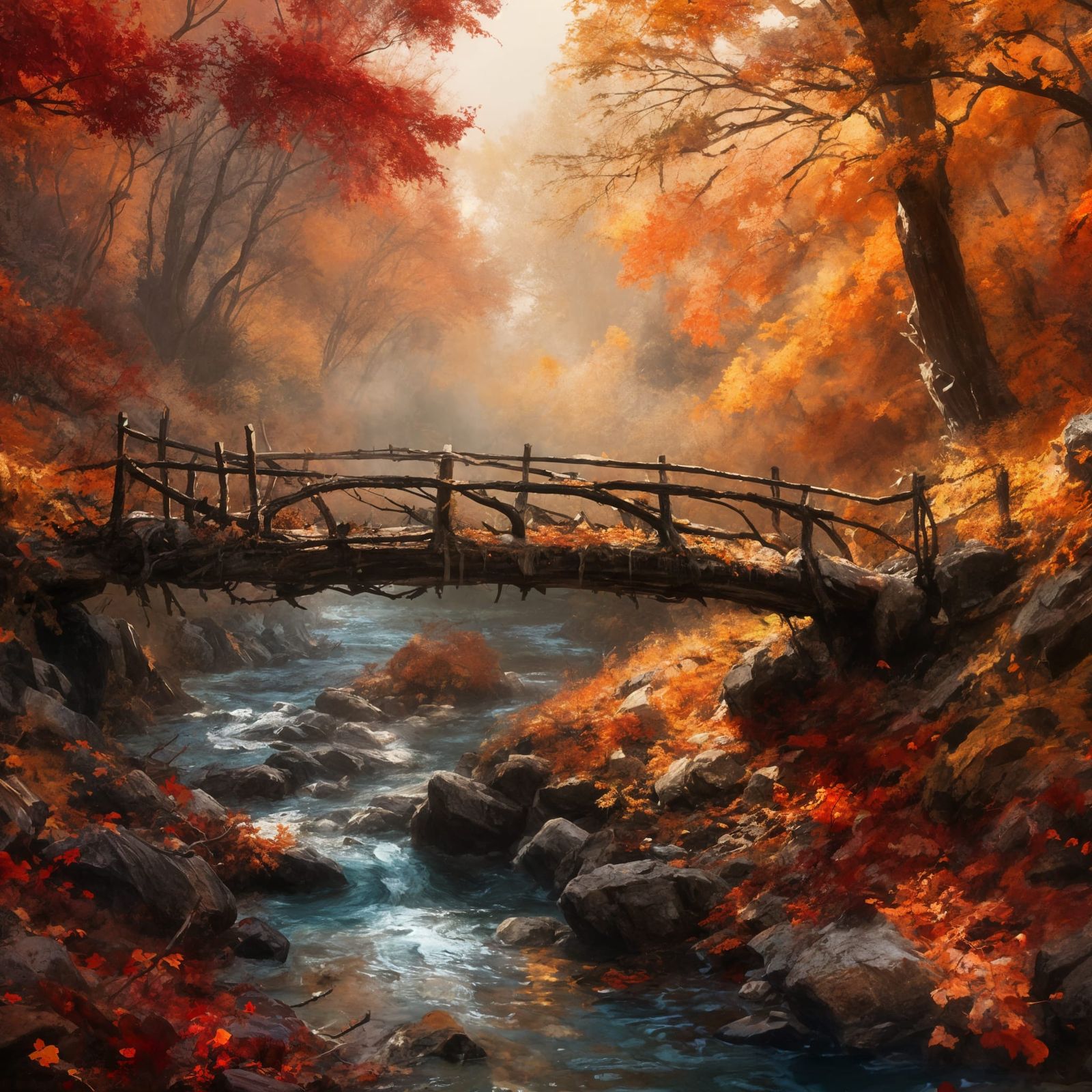 Autumn Landscape with Wooden Bridge, Oil and Grunge Style