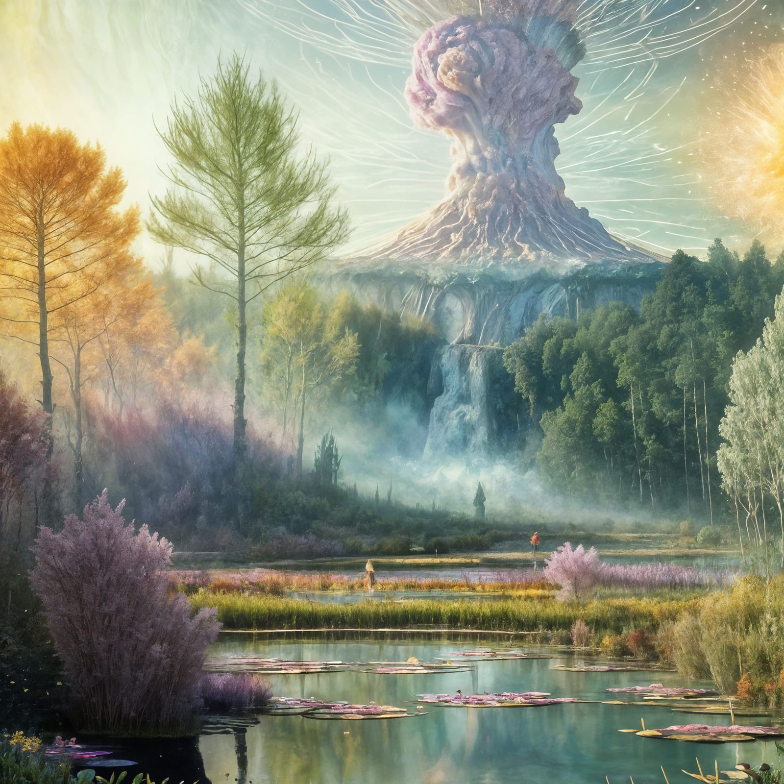 Biopunk Garden with Erupting Pond, Digital Art