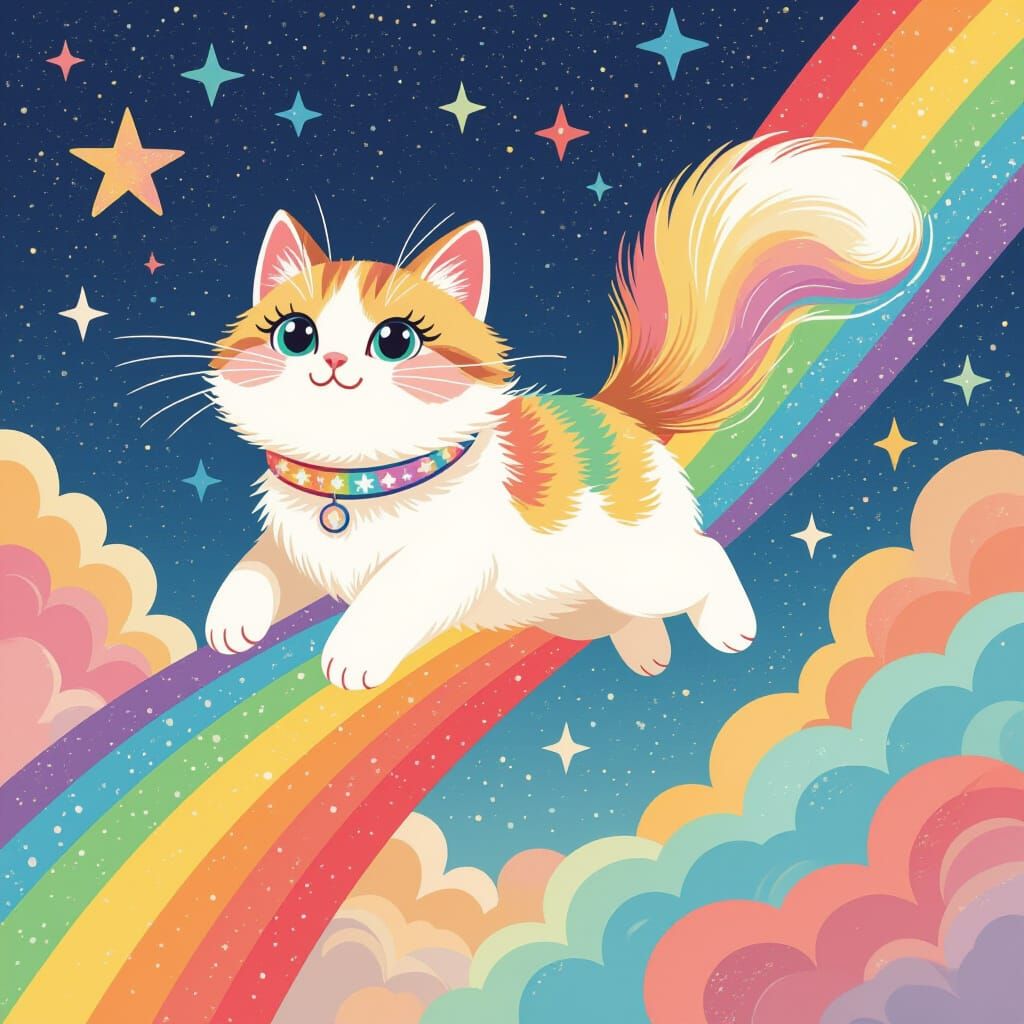Fluffy Rainbow Cat Soaring Through a Galaxy