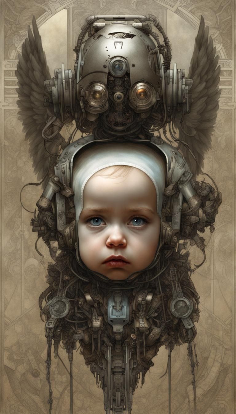 Sinister Cyborg Angel in Horror Art Nouveau Style