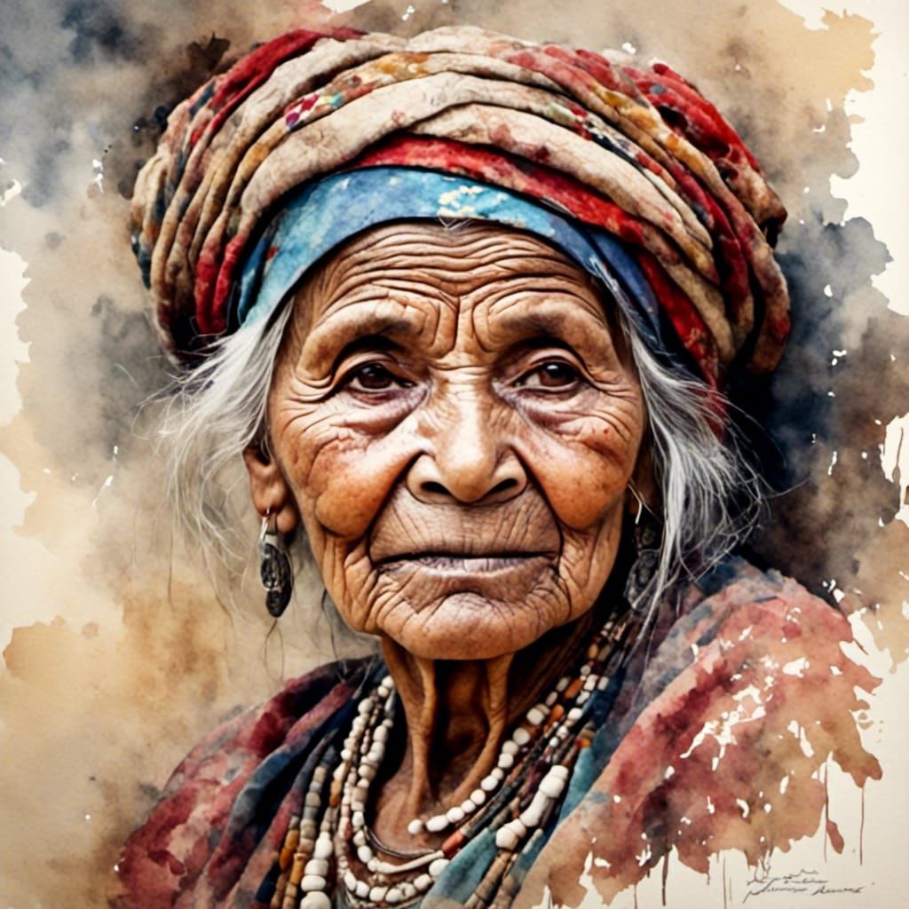 Beautiful Elderly Woman Portrait in Antique Watercolor