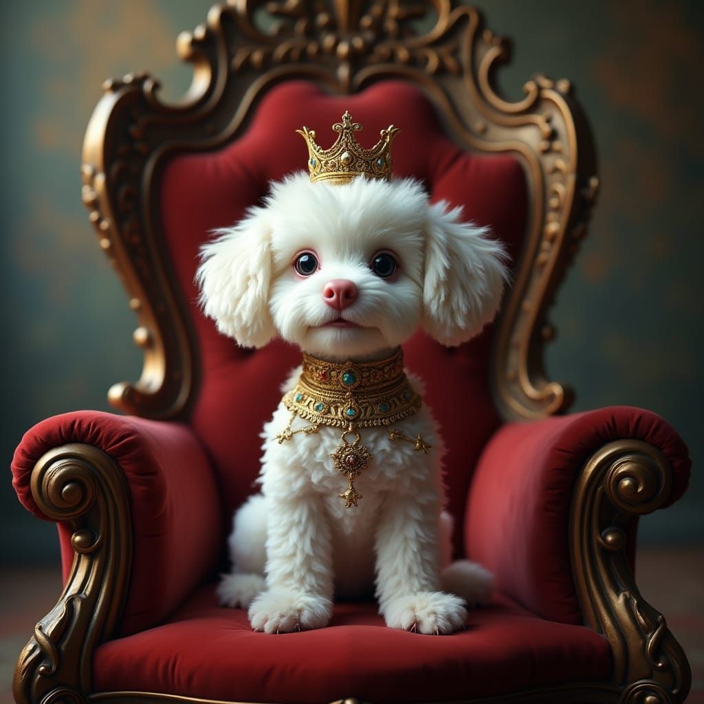 Regal Bishon Frise on Baroque Throne, Hyperrealistic