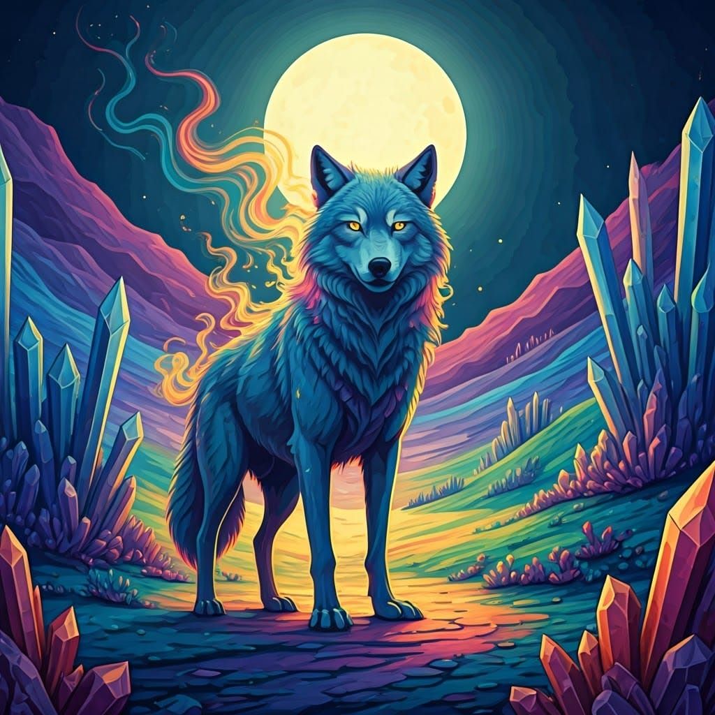 Iridescent Wolf Spirit in Whimsical Dreamscape