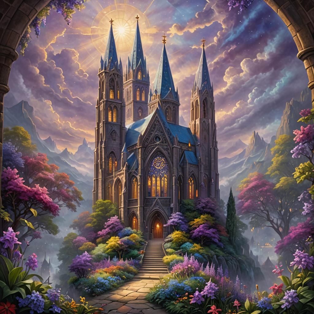 Stained Glass Cathedral with Violet Rocket Flower