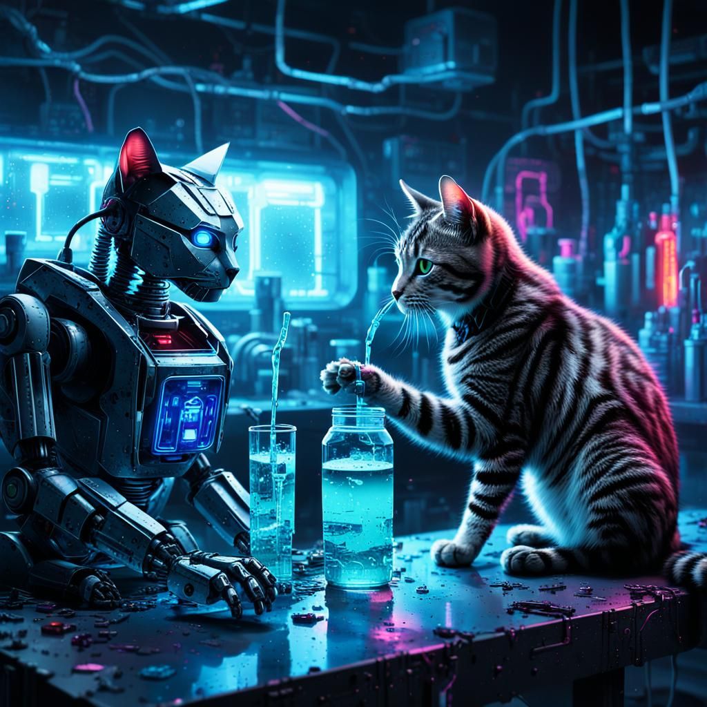 Cyberpunk Robot Cats in a Futuristic Laboratory