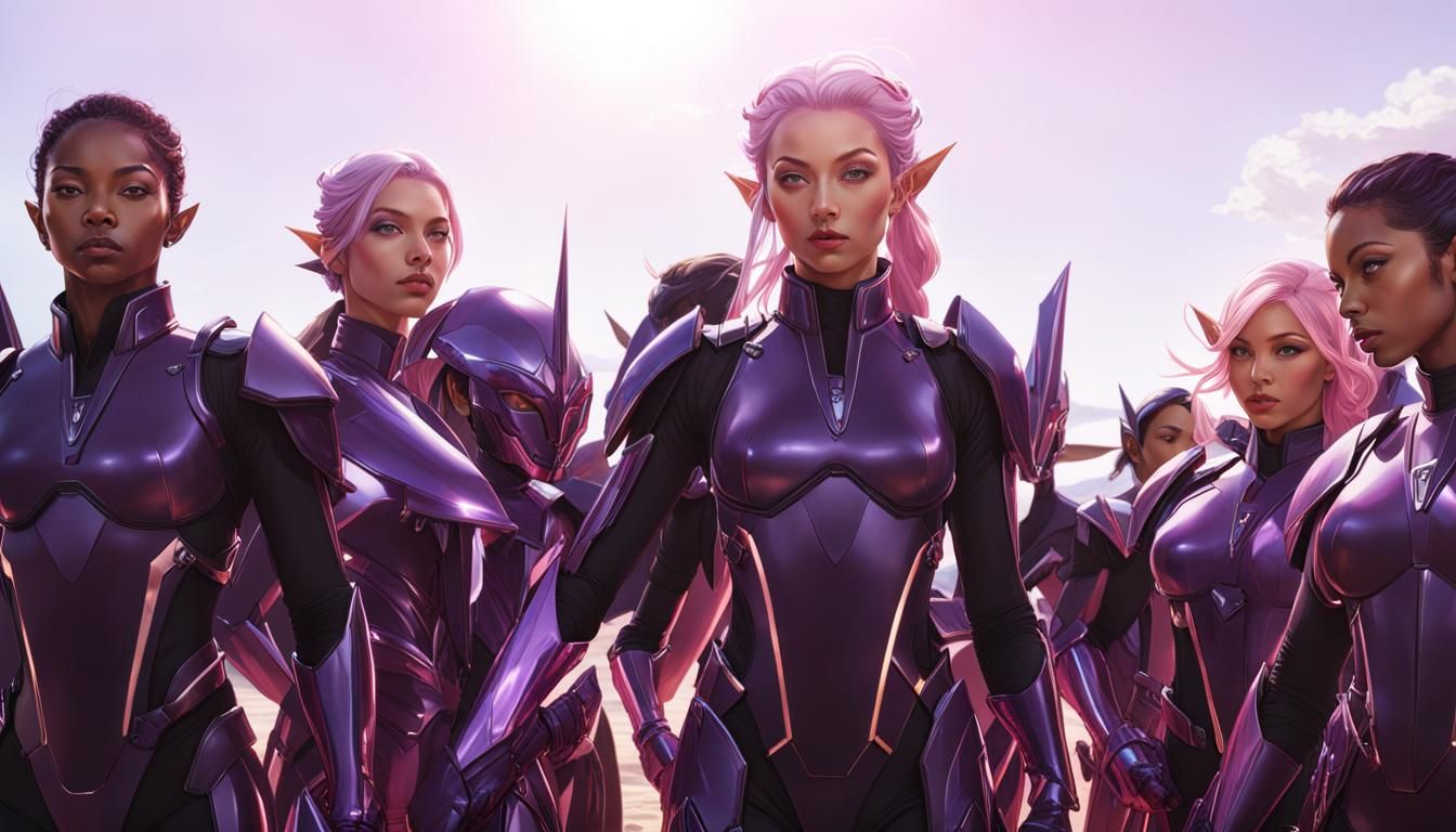 Elves Fight in Futuristic Exosuits, Art Nouveau Style