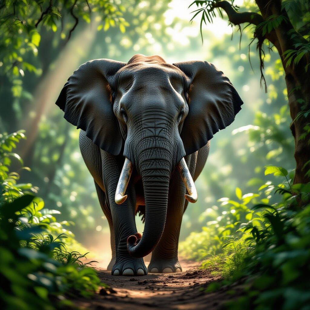 Majestic Elephant in Sunlit Jungle Clearing
