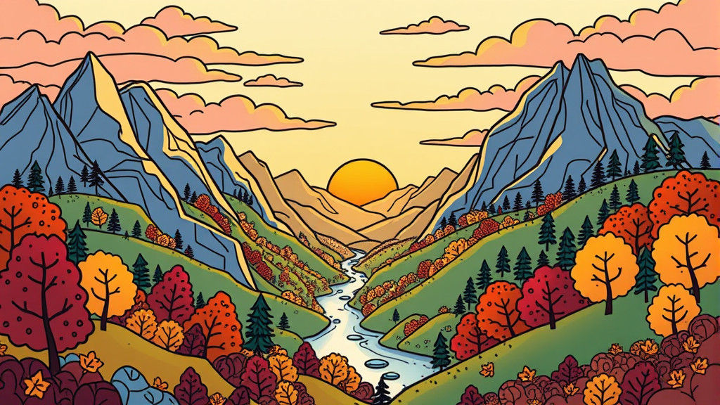Whimsical Autumnal Valley with Floating Islands: Doodle Art