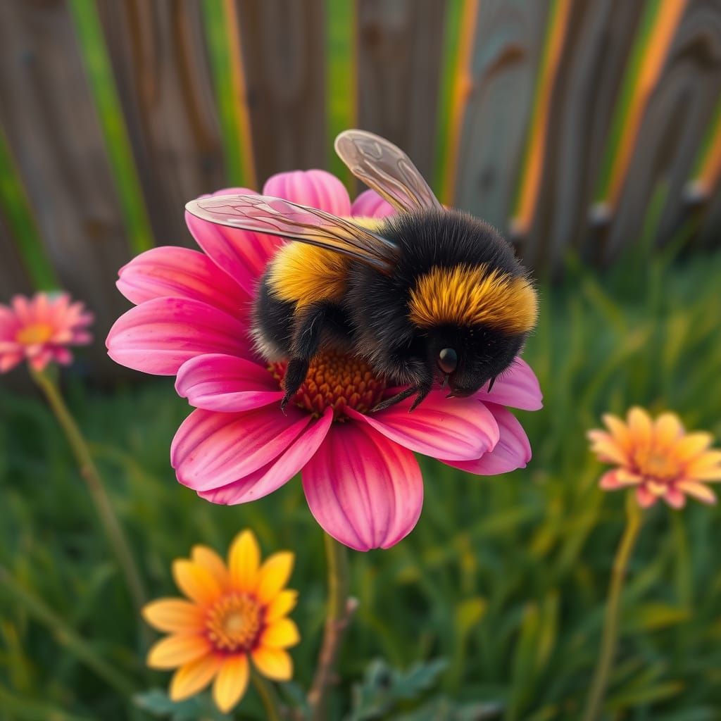 A high detailed high definition airbrush acrylic, top view, close-up of a Pixar-Disney cartoonish style fuzzy bumblebee ...