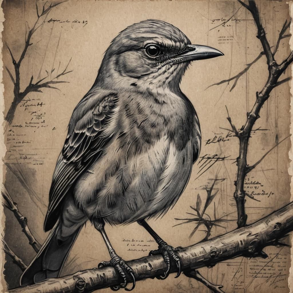 Mockingbird Portrait in Charcoal with Lyrics