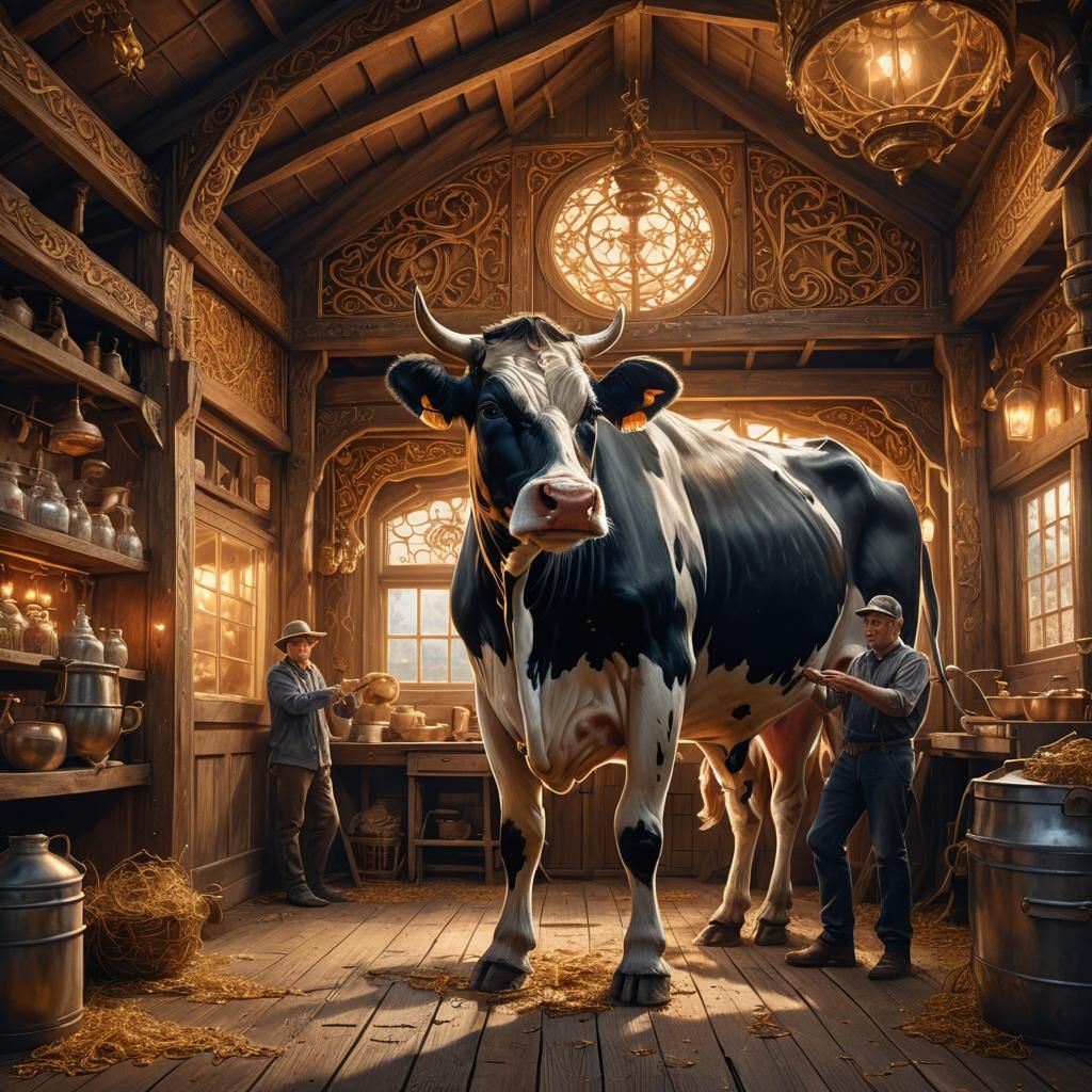 Mystical Cow in Ornate Shed: Digital Art