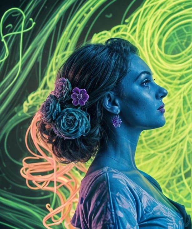 Groovy Retro Woman in Fluorescent Black Light Room