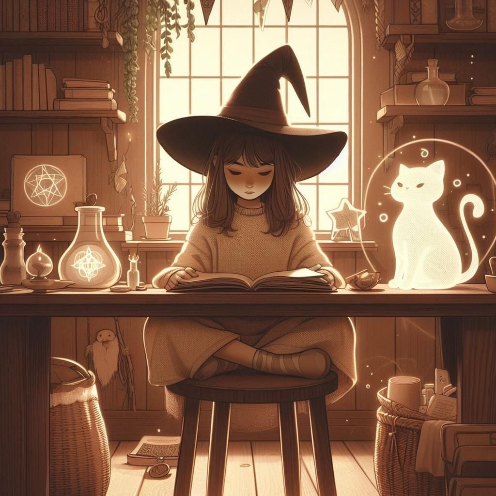 Enchanting Witch's Study with Ghostly Cat