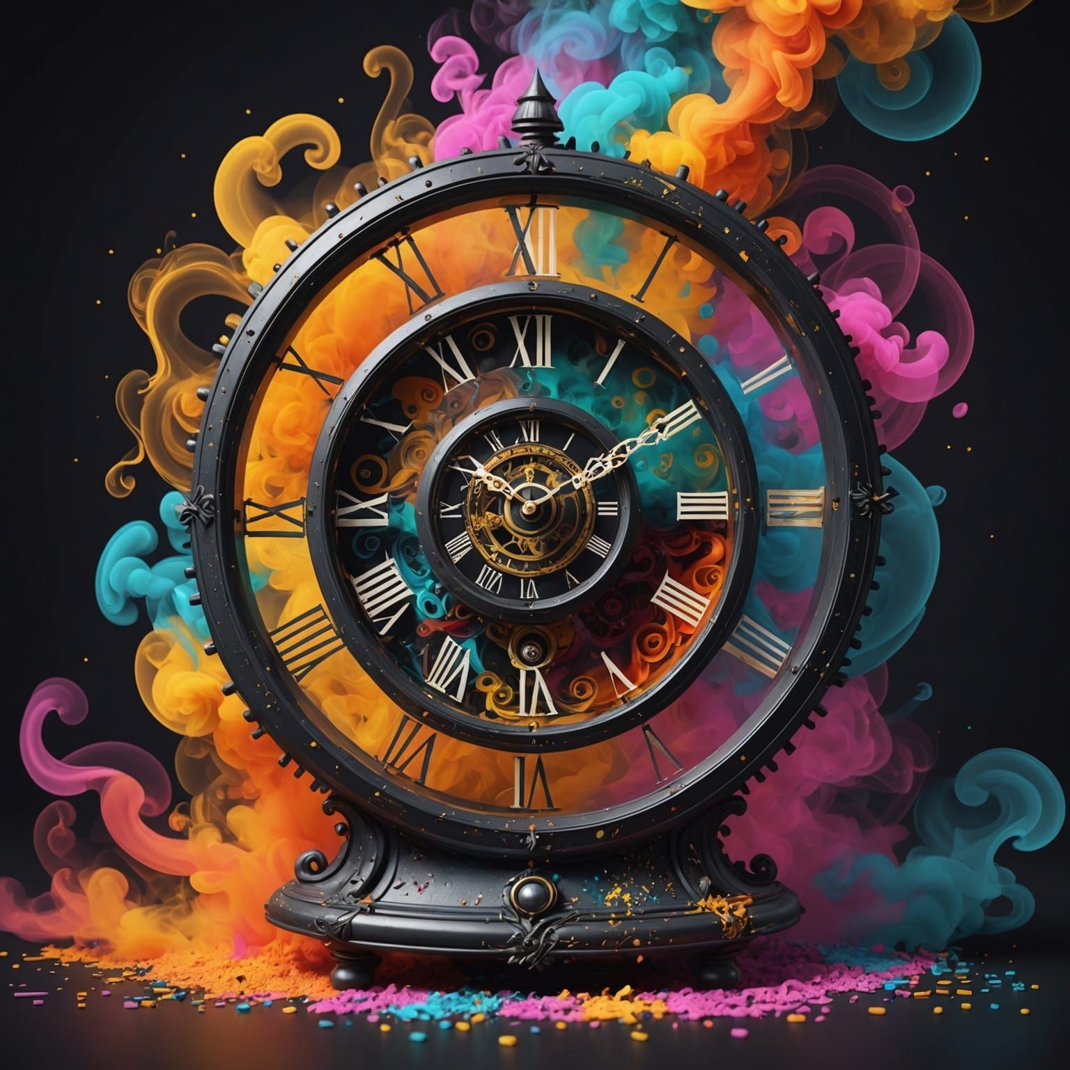 Clock Vaporizing into Colorful Smoke: 3D Render