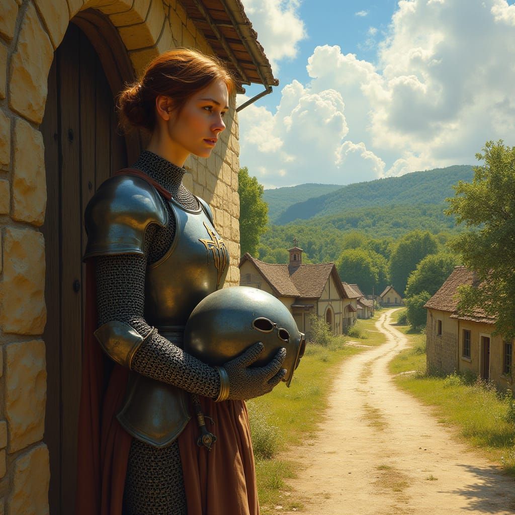 Medieval Maiden Stands Proud Outside Rustic Church