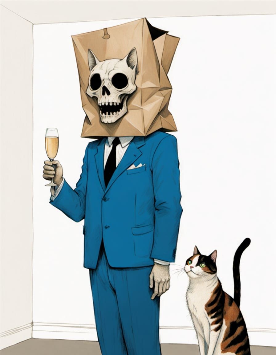 Surreal Cartoon Man with Paper Bag Monster Face