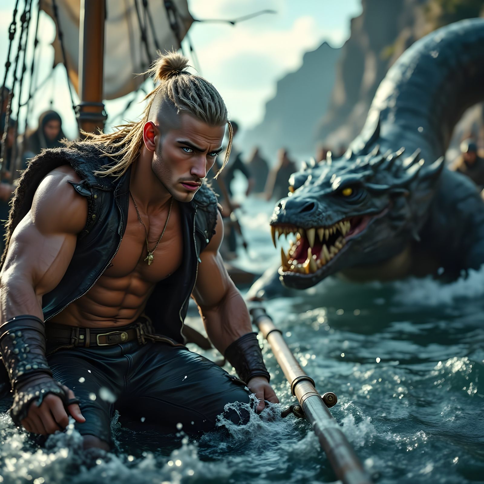 Viking Warrior Battles Sea Serpent on Ship