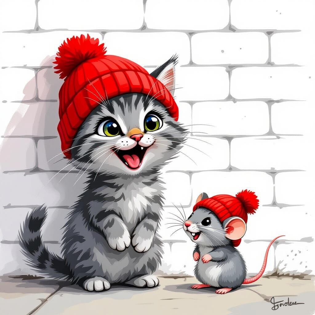 Kitten and Mouse Laughing, Blending Playful and Painterly St...