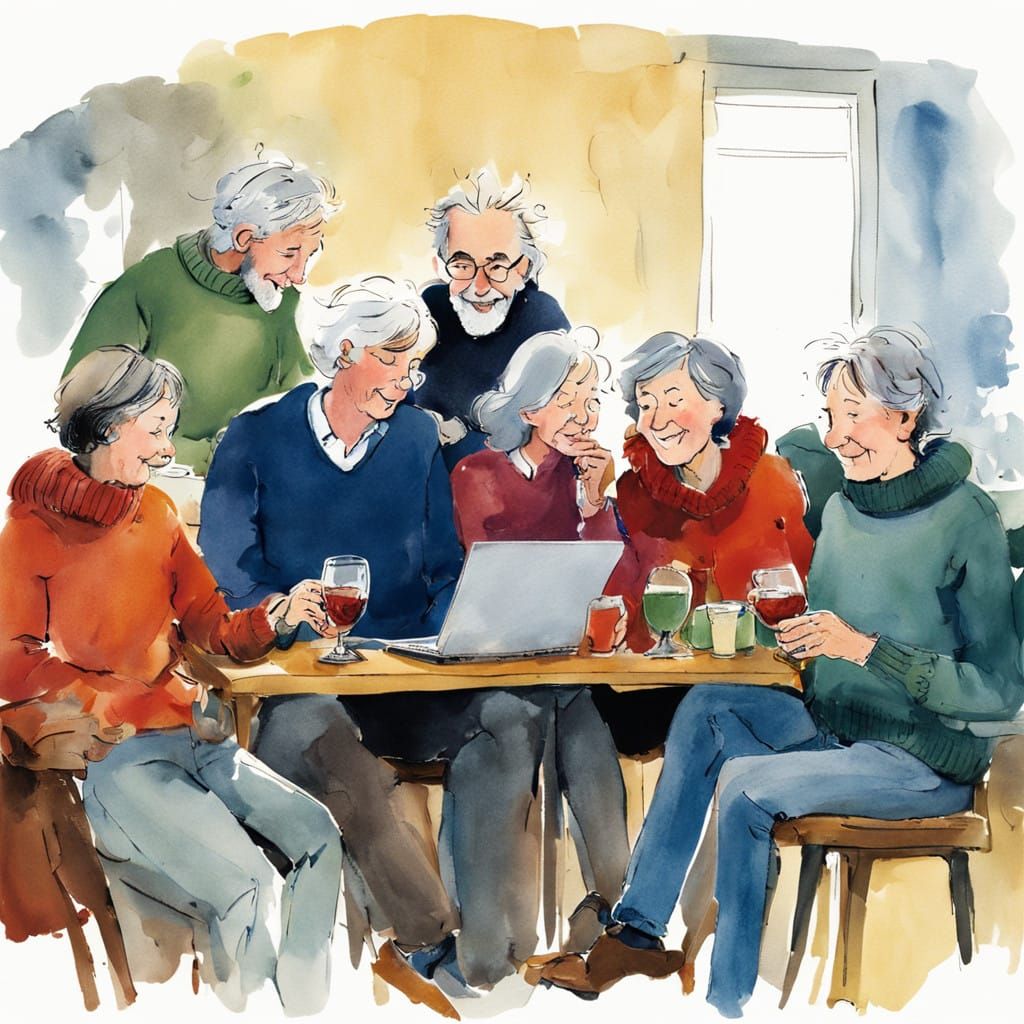 Grey Haired Friends Share Wine and Laughter