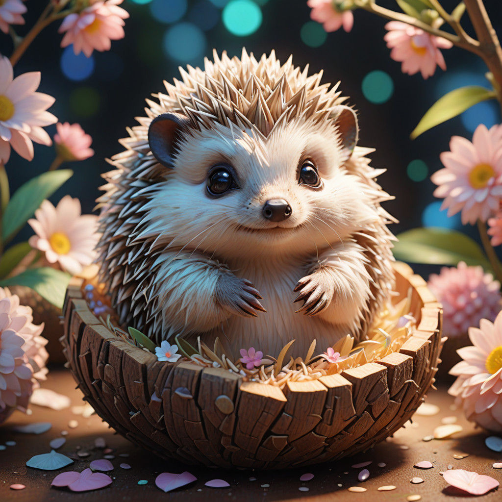 Stylized Anime Hedgehog Sits in a Coconut Shell