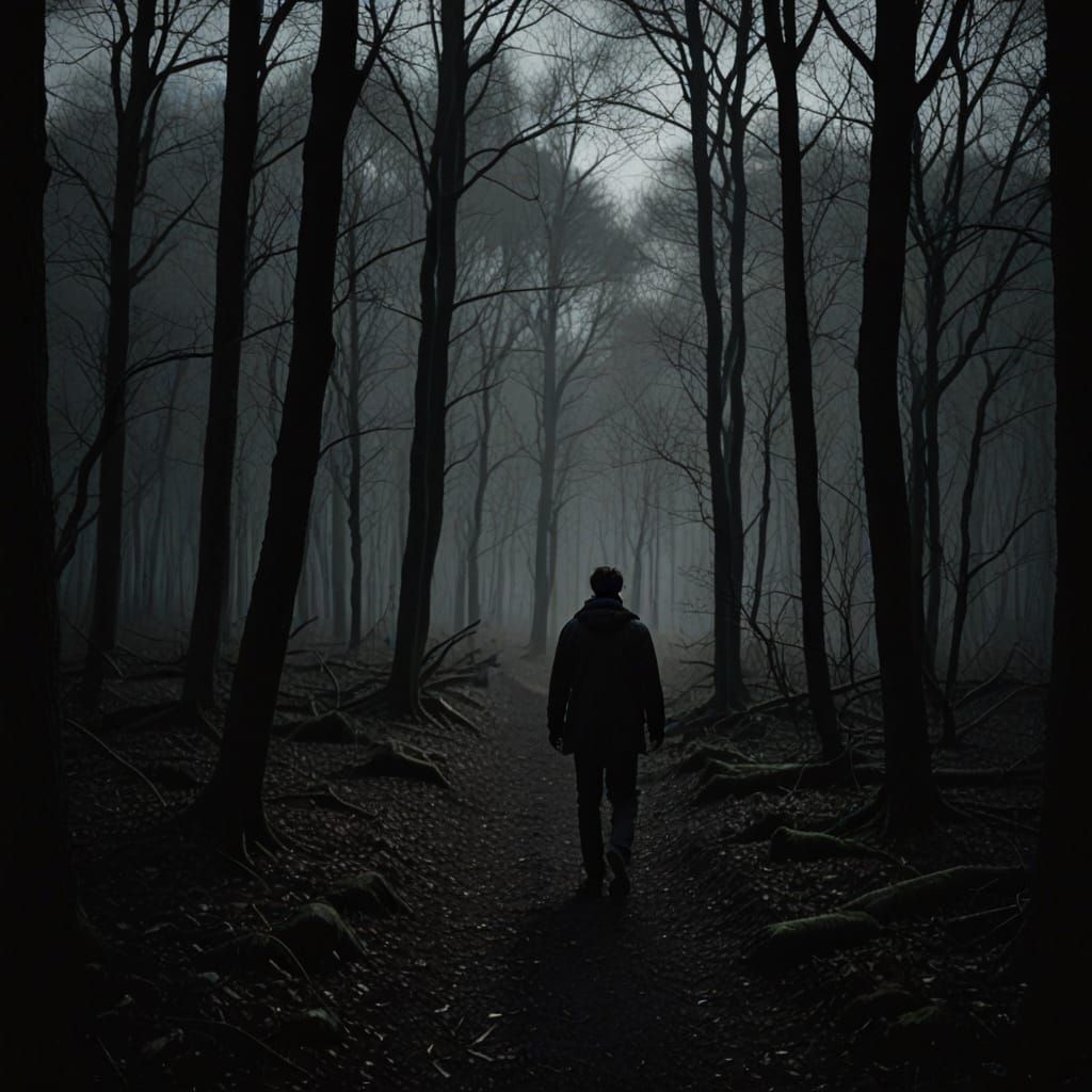 Man Walking Towards Dark Forest Shadow