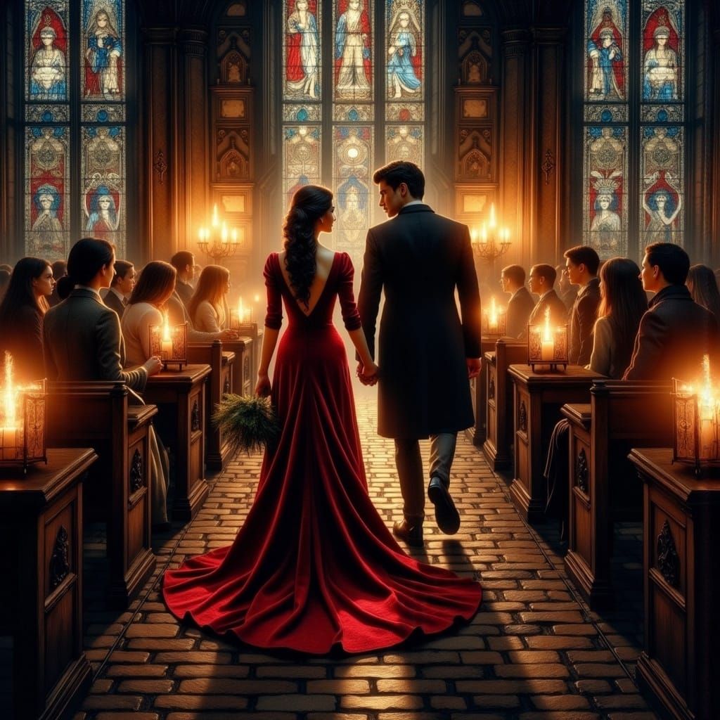 Victorian Era Couple Arrives at Candlelit Church for a Roman...