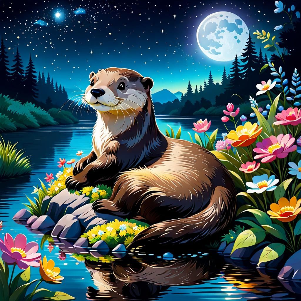 Cartoon Otter Snoozing in Summer Floral Fantasy