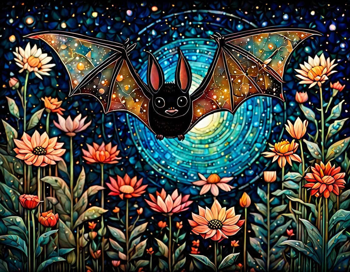 Cute Bat in Flower Garden at Night