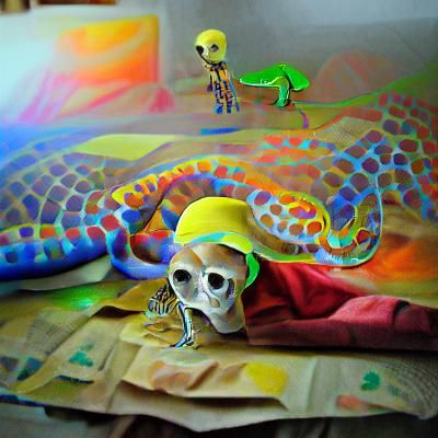 Child's Drawing: Skeleton Protected by Snakes in Steampunk S...