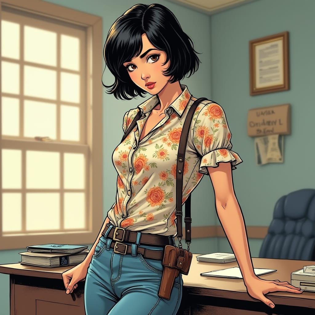 Comic Art of Woman in Police Office