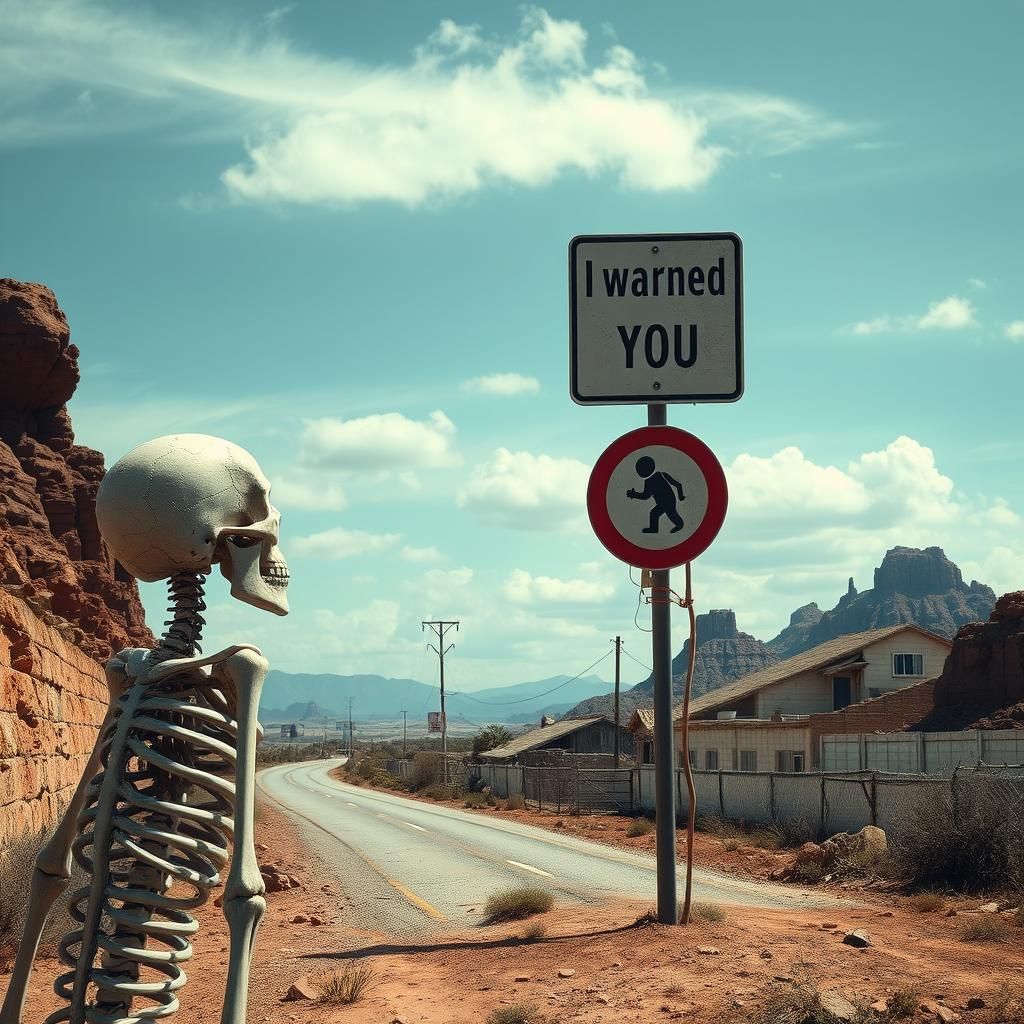 Dystopian Skeleton Stares at Ominous Road Sign