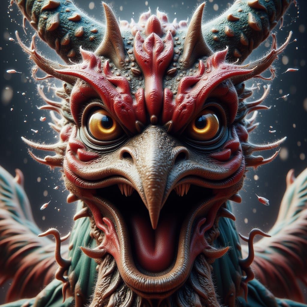 Detailed Fighting Rooster with Devil Mask in Fantasy Art