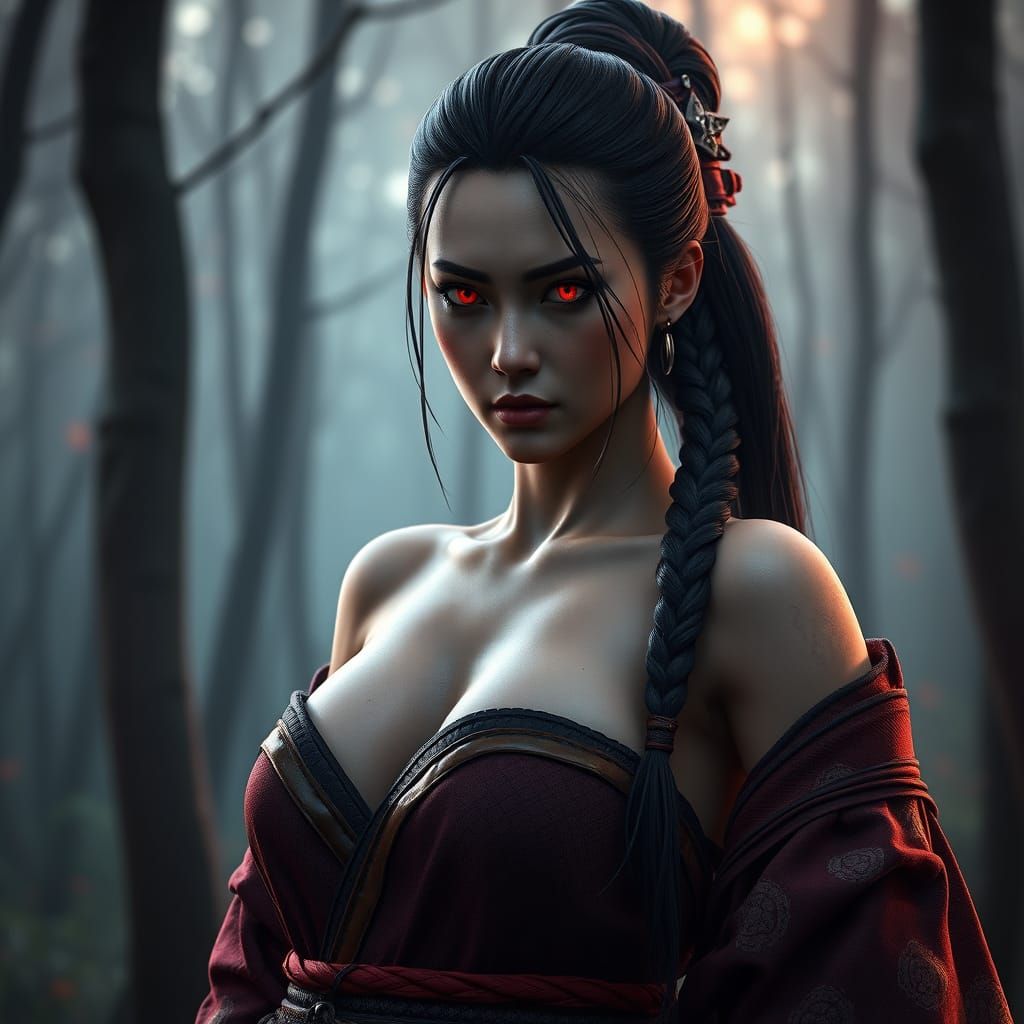 Ethereal Japanese Warrior Woman in Forest Glory