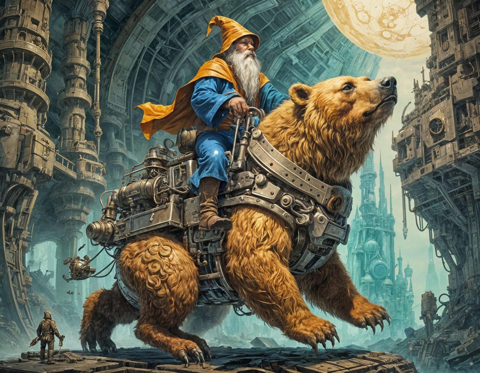 Wizard Rides Mechanical Bear in Retrofuturistic Sci-Fi