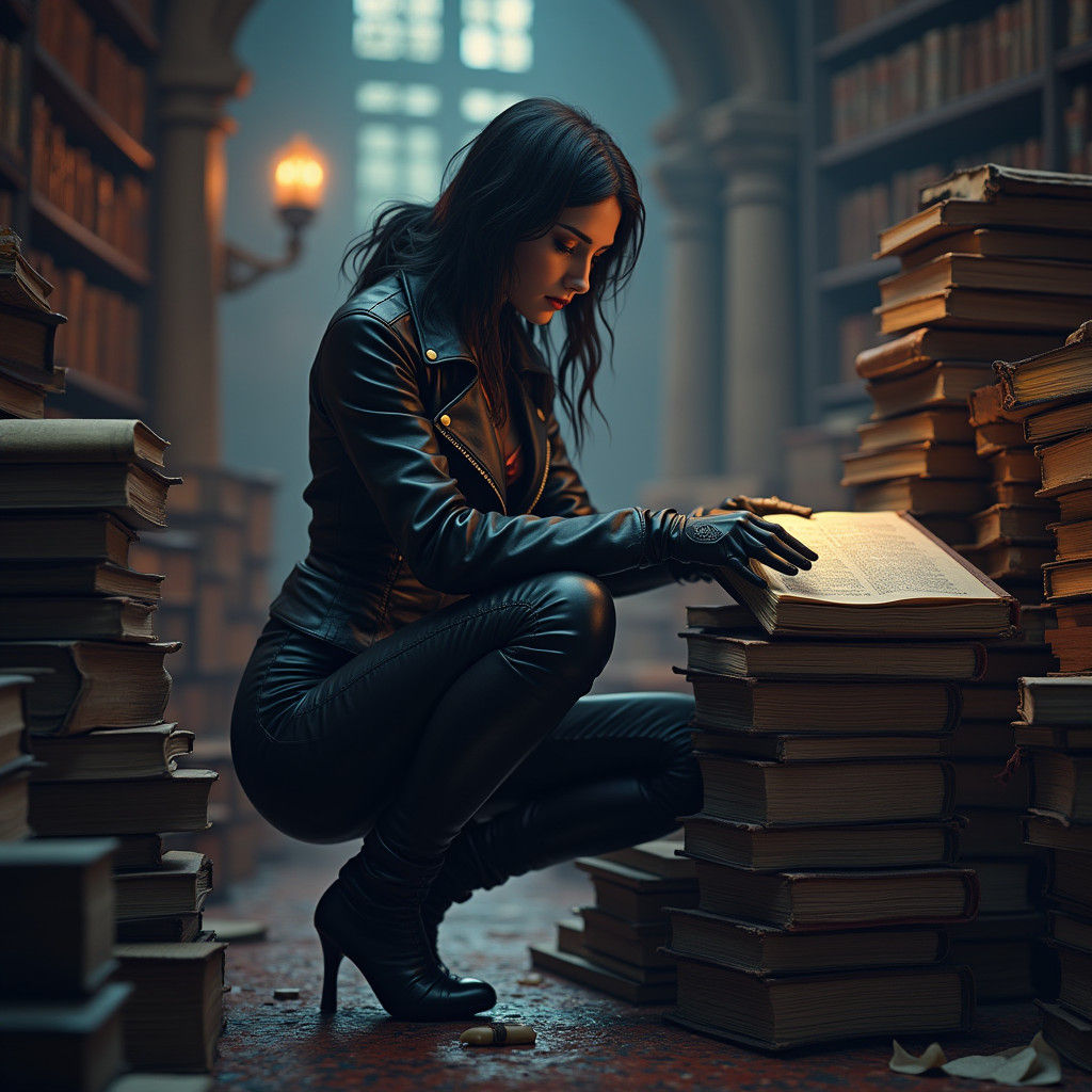 Dark Fantasy Librarian Sorting Books in Library