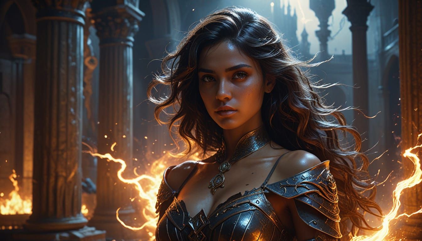 Dominican Woman Amidst Fire and Lightning in Magical Palace