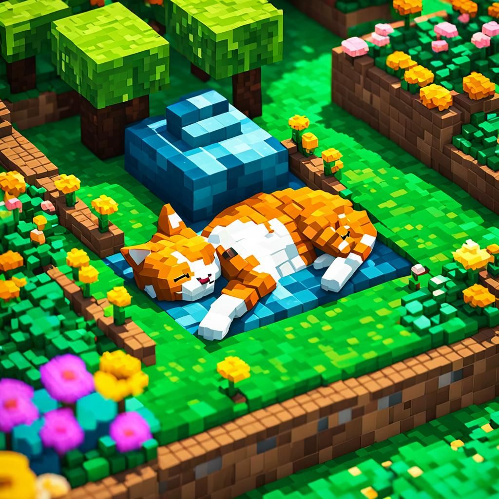 Voxel Ginger Cat Sleeping in Minecraft Garden