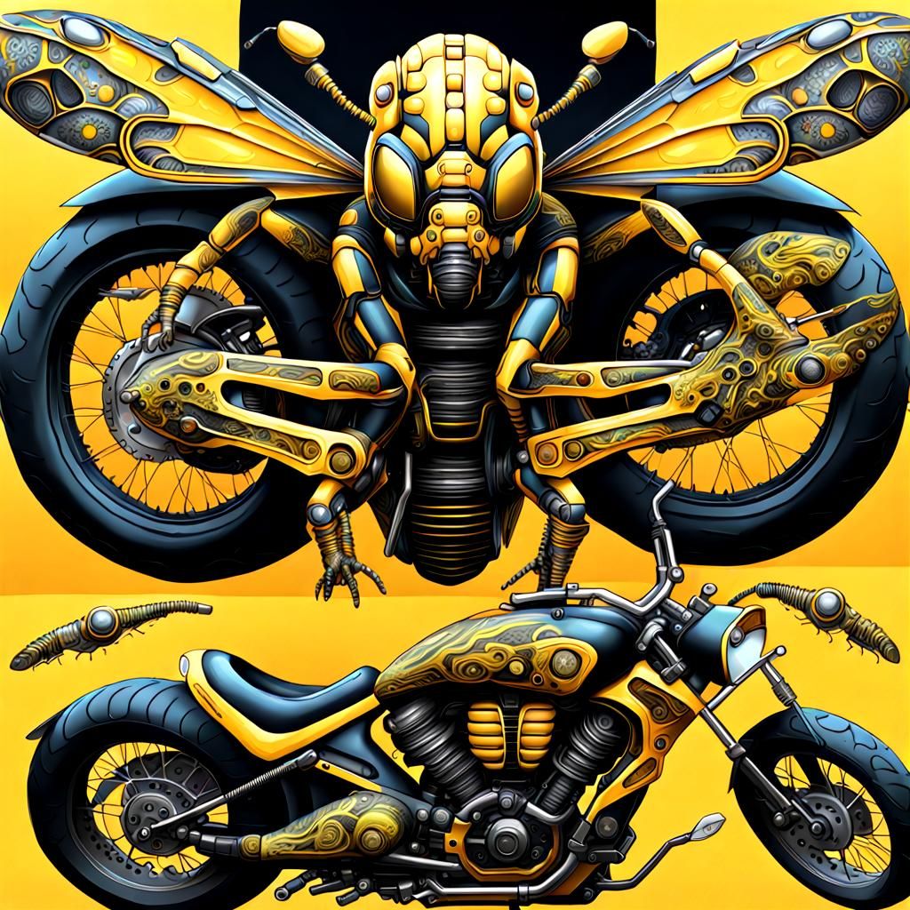 Surreal Biomechanical Motorcycle with Wasp Pattern in 8k