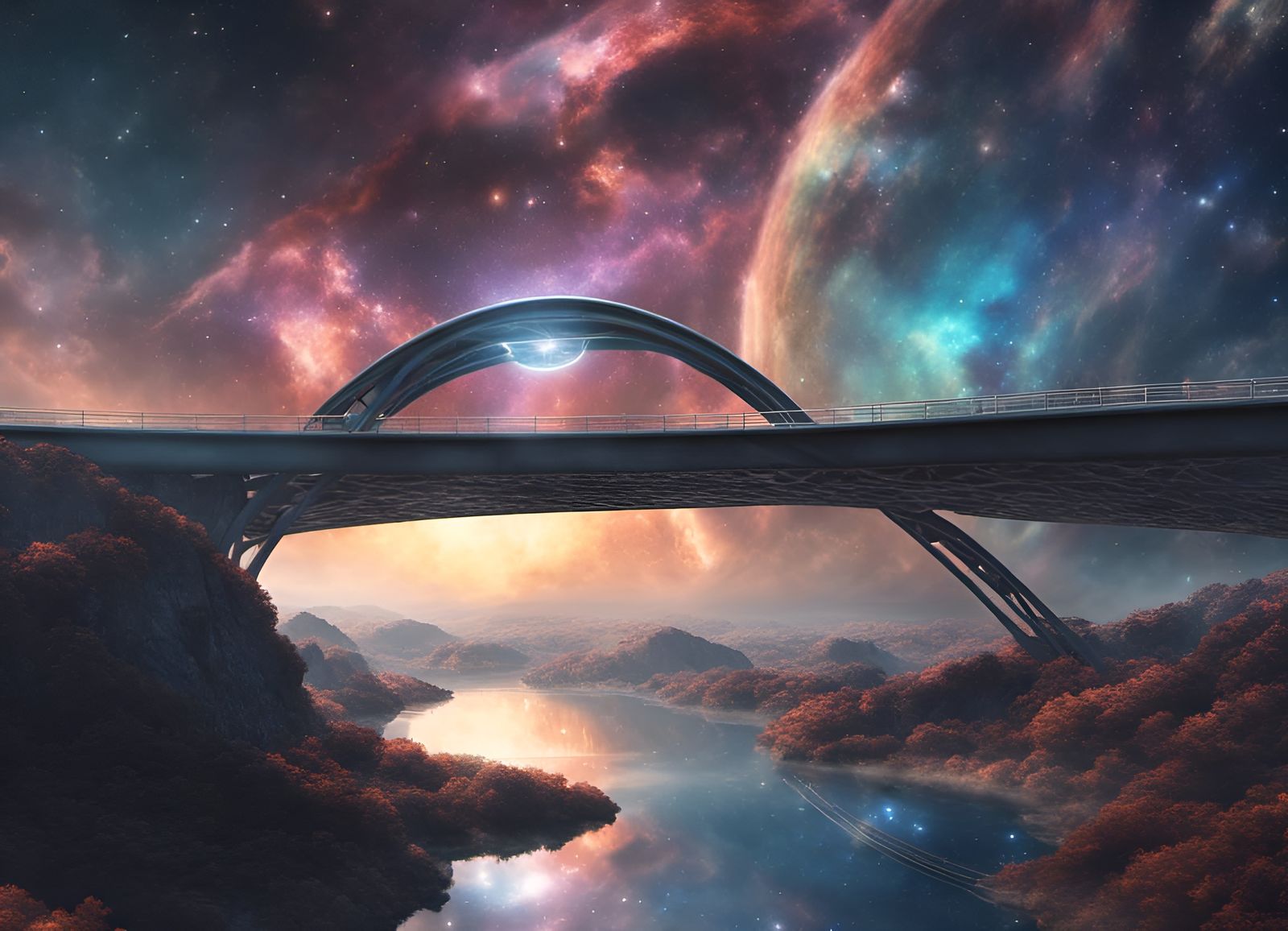 A futuristic bridge Over an icy river